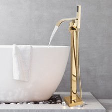 Gold Freestanding Bath Tub Filler Mixer Tap Hand Shower Set Floor Mounted Tap