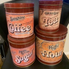 4 Vintage Tins Brite White Sugar, Sunshine Coffee, Golden Leaf Tea, Fluffy Flour