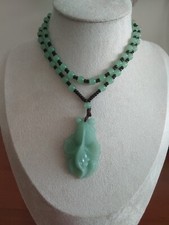 Beautiful Carved Green Jade Goldfish Pendant & Ball Bead Necklace-UK Seller