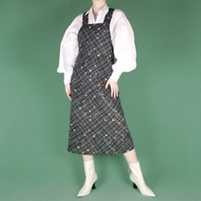 VINTAGE Pinafore 90s Black Navy Check Wrap Grunge Midi Apron Dress Small 6 8 10