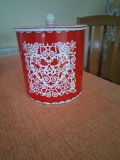 Vintage Red and White Scandi style  Biscuit Barrel / Tin - 1960s - Hearts Birds 