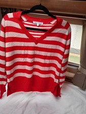 Next Knitwear Red Jumper with Beige stripes v neck size small Heart On Sleeve