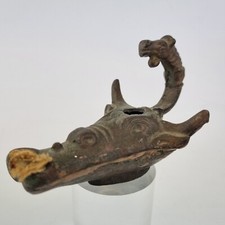 20thC Reproduction Bronze Oil Lamp Form Bulls Head After The Antique