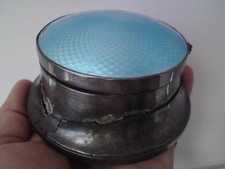 1920s Silver Guilloche Enamel Capstan Well Shaped Hinged Mirror Lid Vanity Box