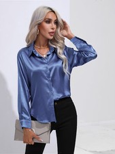 Ladies Satin Silk Blouse Casual OL Work Long Sleeve Buttons Tops Shirts Tee SIZE