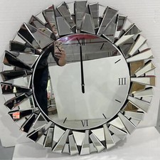 Sunburst Silver Mirror Decorative Large Clock Oversize Mirrored Glass Wall Clock