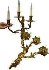 ANTIQUE FRENCH CANDLE SCONCES A PAIR BRONZE ORMOLU ROCOCO LOUIS XVI STYLE 55 cms