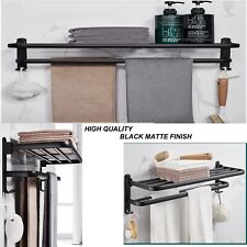 Double black Towel Rail Holder Wall Mounted Bathroom Rack Shelf Stainless Steel