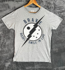 Diesel T-Shirt Grey Size L “Brave Smile in Life” Graphic Lightning Logo Tee