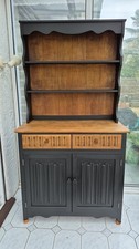 Vintage Welsh Dresser 1970s Solid Wood Two Tone Farmhouse Kitchen Cabinet.
