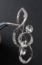 Music Note Crystal Brooch Treble Clef Musical Diamante Silver Tone Beautiful 