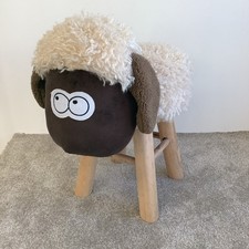 Shaun the Sheep Style Animal Brown & White Fluffy Plush 4 Leg Wooden Stool