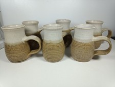 6 X Beige White Tewkesbury Pottery Signed Mugs Large Handle Stoneware 