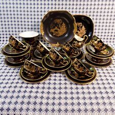 Chelson China Pagoda 3508 Pattern Black Gold Tea Set 34 Piece Rare