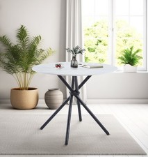 Round Dining Table, Small White Marble Effect Top Kitchen Table with Metal Legs