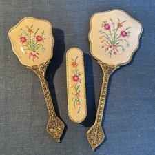 Vintage Vanity SET Hand Mirror, Hair Brush, Clothes Brush - Stitched Roses - VGC