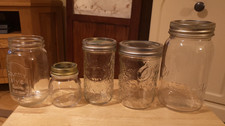 Vintage Mason Jars Glass x 5 w Lids. Decorative - kitchen bathroom. USA Canada