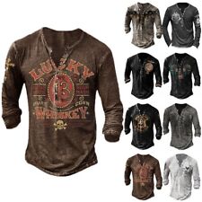 Men's Long Sleeve Vintage V Neck T Shirt Baggy Button Retro Casual Tops Blouse