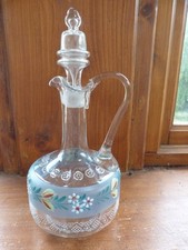 Clear Glass Decanter Bohemian, Blue White Hand Painted Floral Design 8" Tall