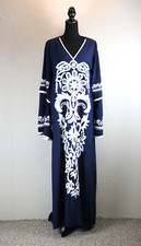 Embroidered Kaftan Dress Abaya Navy White Jilbab Boho Modest Maxi Gown