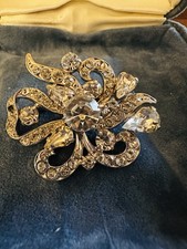 Vintage Sparkly Rhinestone Floral Brooch Large Silver Tone Costume Pin