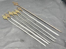 SET 7 VINTAGE BRASS TOP METAL SKEWERS KEBAB BARBECUE GRILL STICKS