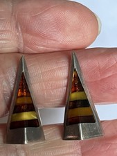 Silver Pyramidal Earrings With Cross Banded Polished Amber etc