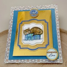 A Beautiful Tabby Kitten On A Gift Box In Blue And Gold Greeting Card Handmade