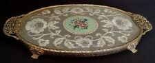 VINTAGE FILIGREE METAL GLASS LACE AND PETIT POINT DRESSING TABLE TRAY (23(u)
