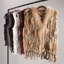 Women's Real Rabbit Fur Vest Gilet Tassels Raccoon Fur Coat Knitted Waistcoat