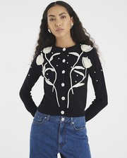River Island Womens Cardigan Black Knitted Flower Round Neck Long Sleeve Top