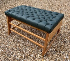 Vintage School Gym Bench Upholstered Green Leather Chesterfield Style w/buttons