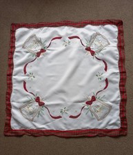 Christmas Tablecloth 33" x  33" Bells Design With Scalloped Tartan Edging