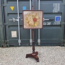 Antique Victorian / Edwardian Adjustable Pole Fire Screen Beadpoint Tapestry