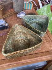 2 Mottled Green Brown 1950s Vintage Ceramic Flower Arranging Pots Oasis 1119