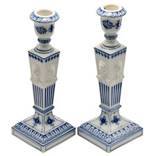 ROYAL COPENHAGEN Original Vintage Signed Fluted Porcelain Lion Head Candlesticks