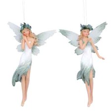 Gisela Graham Set of 2 Green White Flower Fairy Hanging Christmas Decoration
