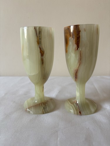 Pair green onyx stone goblets - green,