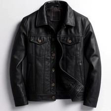 Men's Genuine Lambskin Black Leather Trucker Jacket Denim Style Coat Jacket