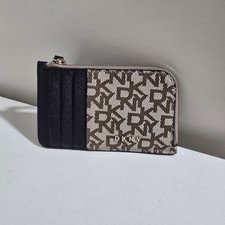 New DKNY Womens Black Logo Leather Coin Purse Zip Card Holder Ladies