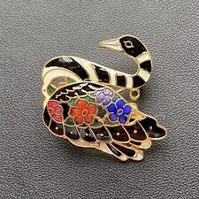 Vintage Cloisonne Swan Pendant Brooch Gold Tone 4cm Colourful Enamel Bird Gift