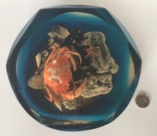 Large Vintage Lucite Sea Life Crab and Shells Paperweight  7 x 2.5 Inches