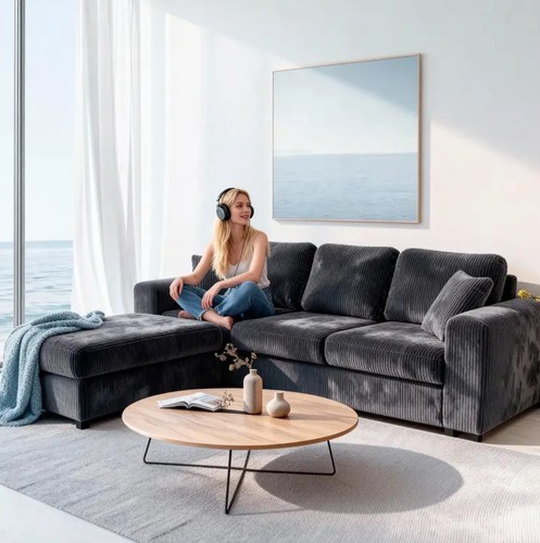 Shape grey corner sofa with - l,