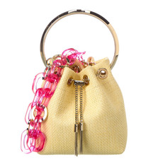 JIMMY CHOO Bon Bon Small Raffia Bucket Bag With Pink Acrylic Chain RARE with box