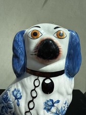 Vintage Staffordshire Pottery  Mantel Wally Dog Blue Floral 11 Ins Tall