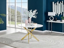 Novara Modern Round Dining Table 120cm White High Gloss with Gold Chrome Legs