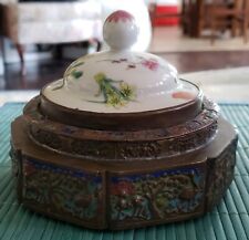 ANTIQUE CA 1890 CHINESE BRASS & HAND PAINTED PORCELAIN TEA CADDY
