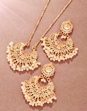 GOLD JHUMKA BELL DROP PEARL NECKLACE EARRINGS SET INDIAN JEWELLERY 