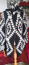 Women's Elan Hooded Cardigan Black White Aztec Design Knit Open Front Approx 12