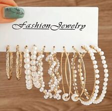 UK Women Ladies 5pairs Fashion Jewelry Pearl Rhinestone Gold Hoop Earrings Set